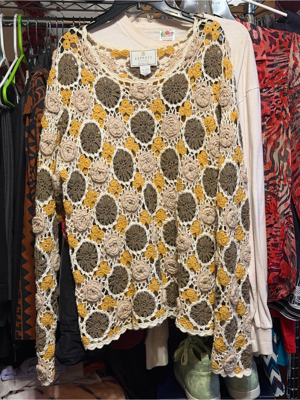 Express Tricot Vintage Crochet Open-Weave Sweater